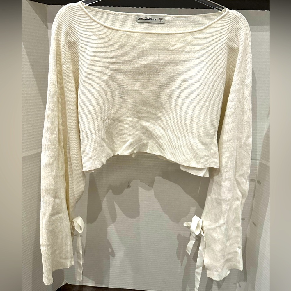 Zara cropped length sweater with ribbons on sleeves